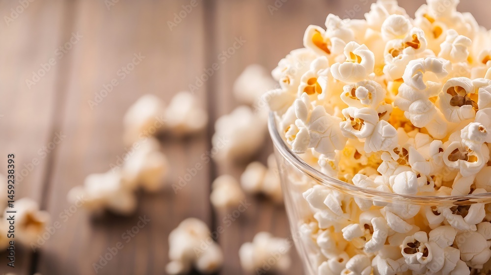 Poster a glass bowl filled with fluffy popcorn kernels sits on a rustic wooden table, surrounded by scatter