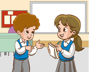 vector illustration of two cute little students talking in the classroom. the student asking a question to his friend is noting the answers
