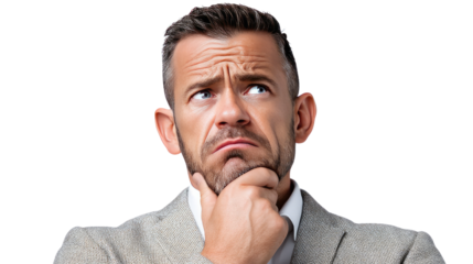 Contemplation and Focus: A man in a suit engages in deep thought, with a furrowed brow, and a hand resting on his chin, conveying the gravity of a difficult decision.