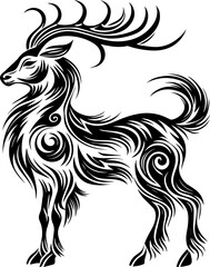 Fototapeta premium SVG artwork blending botanical horror with skulls and eerie flowers. Elegant Black and White Stylized Portrait of a Majestic Goat
