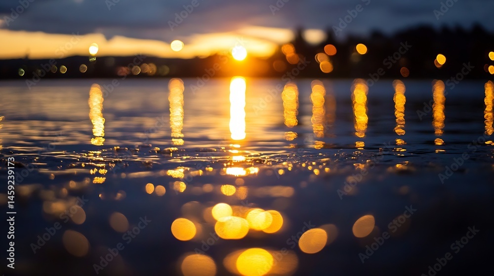 Poster Golden sunset reflections shimmering on calm water surface, creating a mesmerizing bokeh effect with city lights in the background. : Generative AI