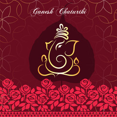 Artistic Ganesh Chaturthi template with minimal gold Ganesha figure rich floral border and red ornamental backdrop perfect for spiritual invitations and cultural greetings