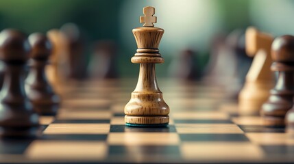 Close-up of a single wooden chess king piece on a chessboard, surrounded by blurred opponent pieces, suggesting strategy and competition. : Generative AI