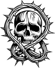 SVG artwork blending botanical horror with skulls and eerie flowers. Skull and Thorn Design with Infinity Symbol in Black and White