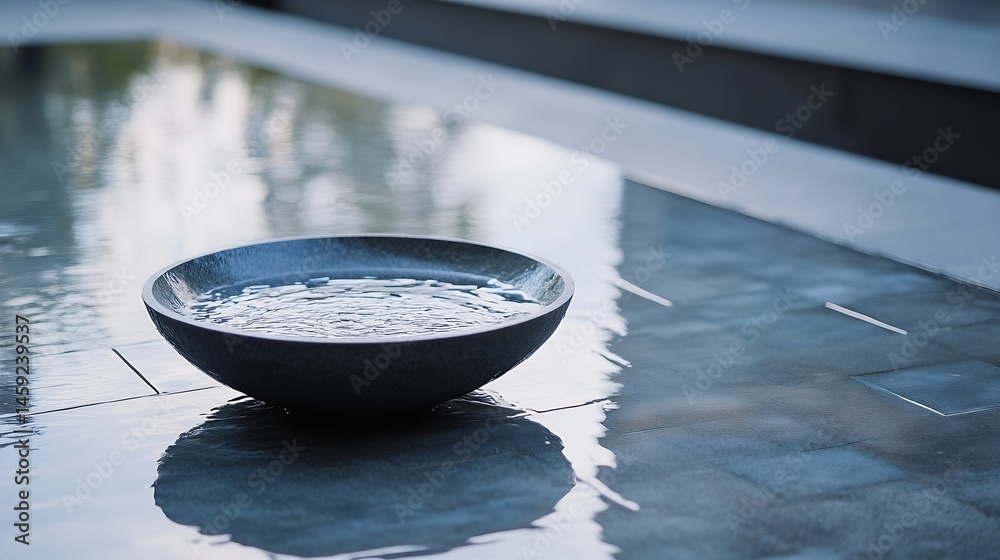 Poster serene dark grey bowl filled with water sits on a smooth, reflective surface, creating a tranquil an