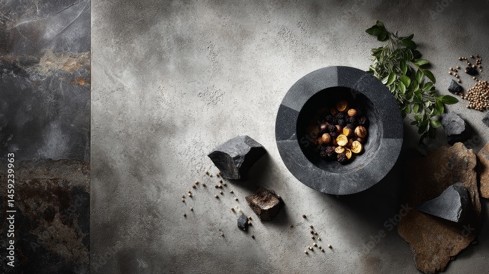 Poster Rustic stone mortar is filled with an array of crushed herbs and aromatic spices, with scattered grains and small stones enhancing the natural setting