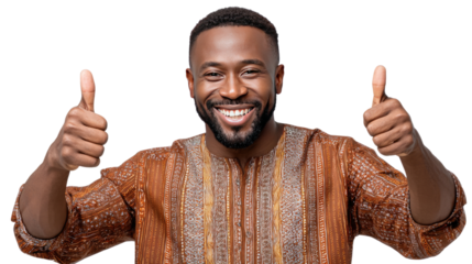 Cheerful Agreement: A joyful individual of African descent beams with a wide smile, giving a double thumbs-up, a gesture of positivity and approval. Embodying optimism and agreement.