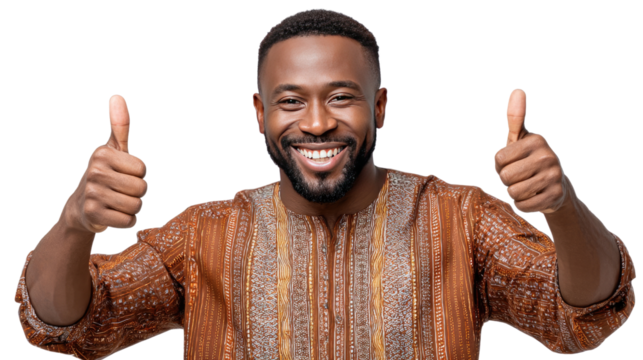 Cheerful Agreement: A joyful individual of African descent beams with a wide smile, giving a double thumbs-up, a gesture of positivity and approval. Embodying optimism and agreement.