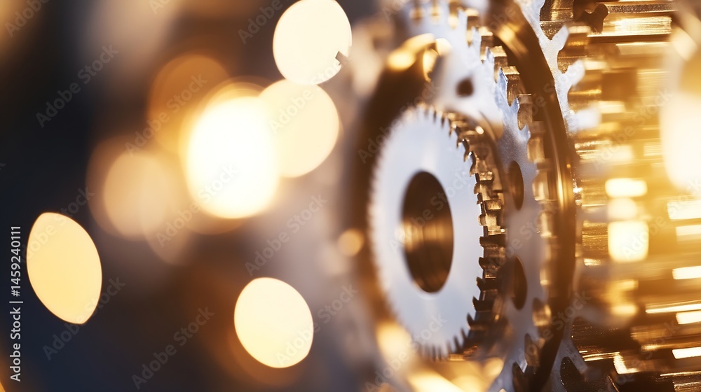 Poster close-up view of intricate metal gears, illuminated by warm, blurred bokeh lights, suggesting indust