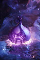 a purple onion sliced in half, floating and levitating in a surreal dreamlike space
