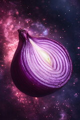 a purple onion sliced in half, floating and levitating in a surreal dreamlike space