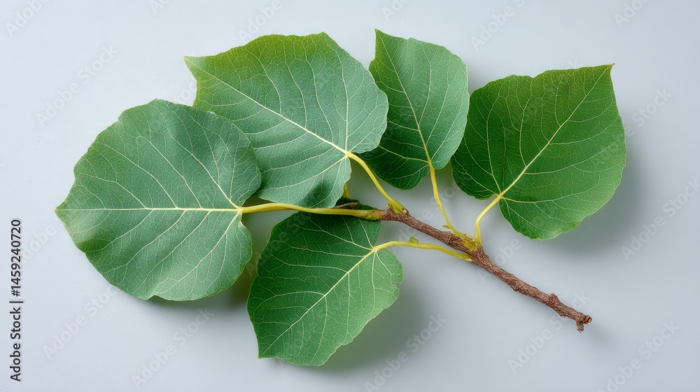 Poster a single branch with smooth green leaves featuring visible veins rests on a clean light gray backdro
