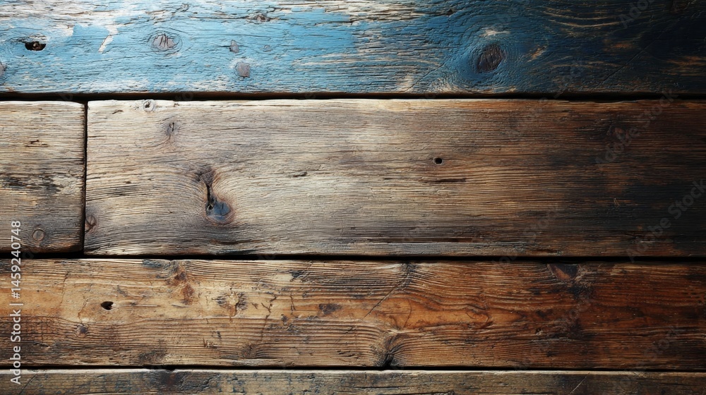 Fototapete close-up view of a wooden tabletop highlighting its natural grain and knots, illuminated from one si