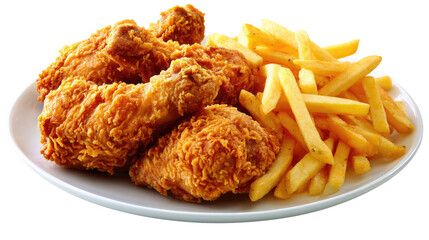 Golden Feast: Delight in a close-up shot of crispy fried chicken and golden french fries, tantalizing your senses with their irresistible texture and rich flavors.