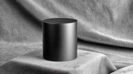 Futuristic matte cylinder resting on smooth velvet like surface, monochrome palette, calm industrial feel