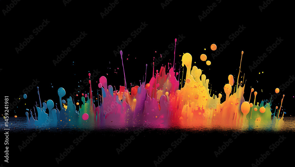 Poster Vibrant rainbow paint splash explosion against a black background, creating a dynamic and colorful artwork with various shades and textures of color.