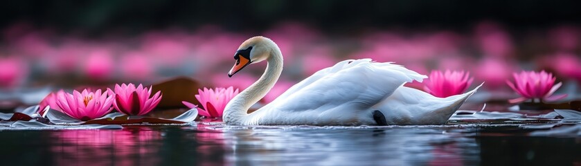 Fototapeta premium Elegant swan gliding among pink water lilies on a serene, reflective pond