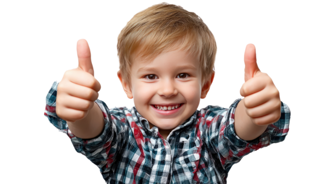 Thumbs Up Kid:  A smiling child, displaying his enthusiasm with a thumbs up gesture.  He is wearing a checkered shirt and is a perfect model for  any concept related to  positivity, optimism.