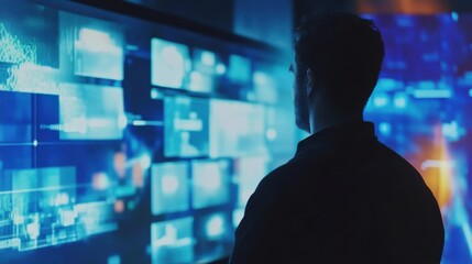 Man Contemplating Complex Data Streams on Multiple Display Screens