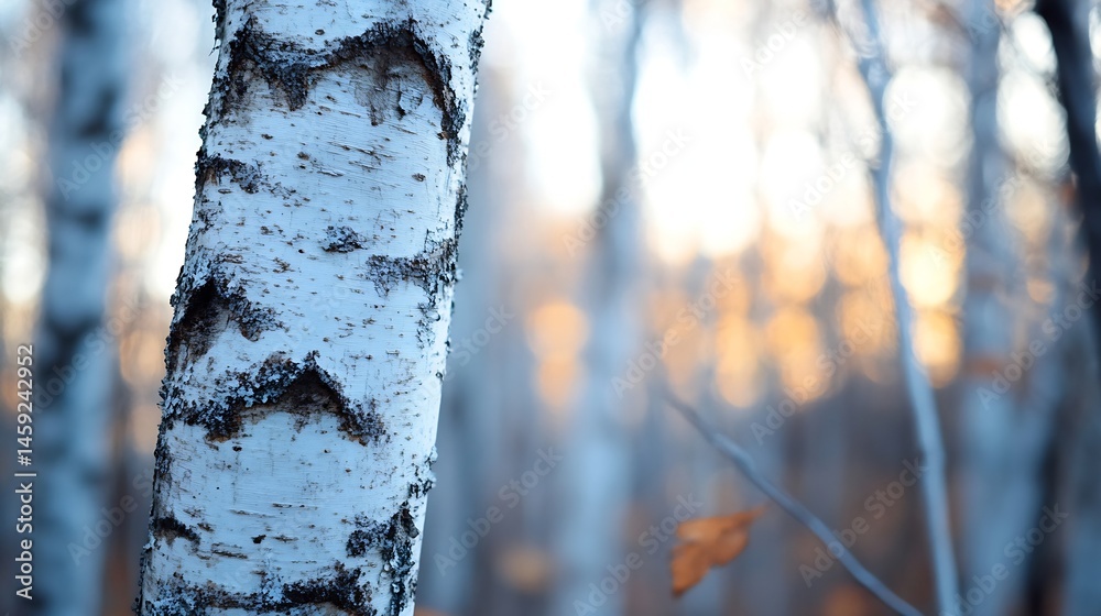 Poster close-up of birch tree bark, textured surface, showing detail of white and black patterns, set again