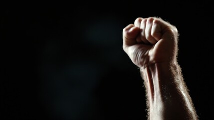 Close-up of a clenched fist, arm raised against a dark background, showcasing the texture of skin and hair, suggesting strength and defiance. : Generative AI