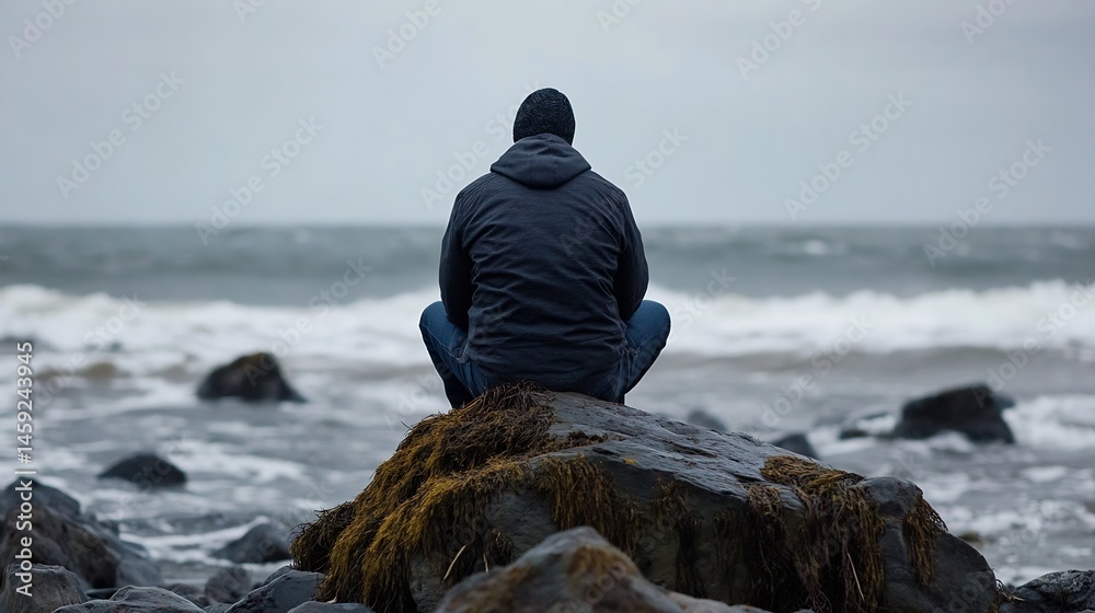 Poster a lone man sits on a rock, facing a turbulent sea, under a brooding sky. the waves crash against the
