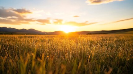 Fototapeta premium Golden hour sunset over a vast grassland, with tall grass illuminated by the warm light, creating a serene and peaceful landscape. : Generative AI