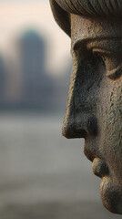Close-up of bronze statue profile, textured surface, showing detail of nose and mouth, blurred background suggesting an outdoor setting, conveying themes of history, art and timelessness