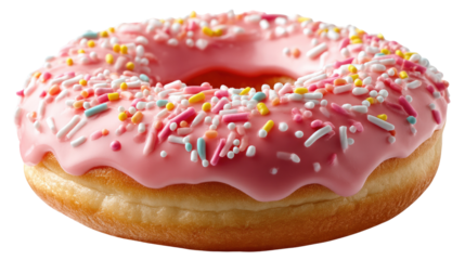 Sweet Pink Donut Delight: A macro shot captures the irresistible allure of a vibrant, pink-frosted donut, sprinkled with colorful delight, evoking a sense of pure sugary bliss.