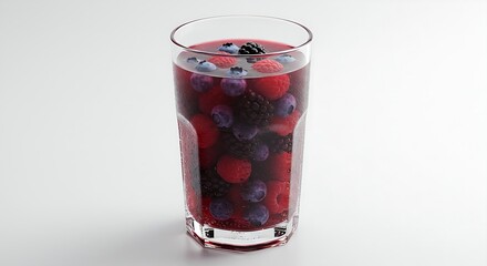 Mixed berry juice with blueberries, raspberries, and blackberries, white background