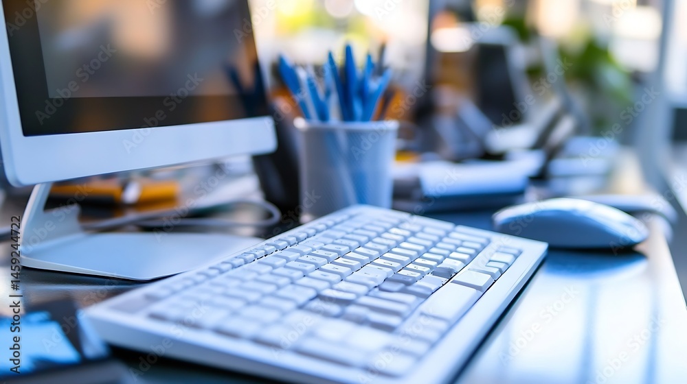 Poster modern workplace desk with white keyboard, computer monitor, and blue pens in a cup, showcasing a cl