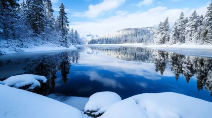 Printed kitchen splashbacks Serene winter landscape: snow-covered pines reflected in a frozen, crystal-clear lake under a vibrant blue sky, creating a breathtaking, tranquil scene. : Generative AI