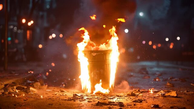 The burning trash can was filled with flames and smoke.