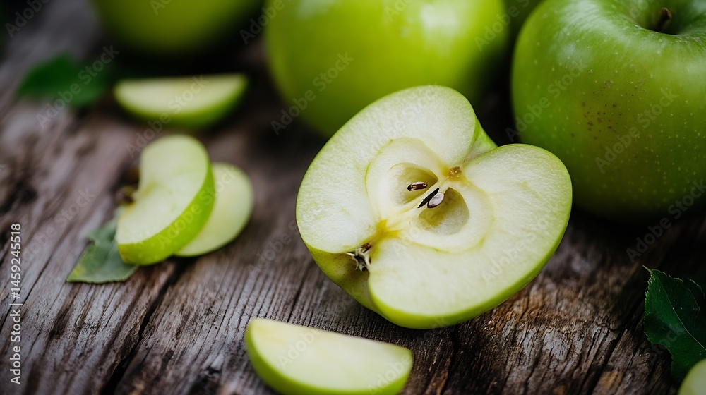 Aufkleber close-up of a halved green apple on rustic wooden surface, surrounded by apple slices and leaves, sh
