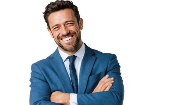 Confident and Successful: A handsome businessman with a warm, genuine smile, radiating confidence in a crisp blue suit and tie.  He exudes positivity and professionalism.