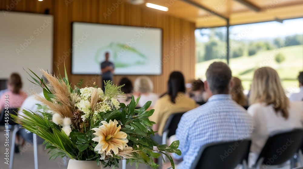 Poster a floral arrangement sits in the foreground of a business presentation, with attendees seated and a 