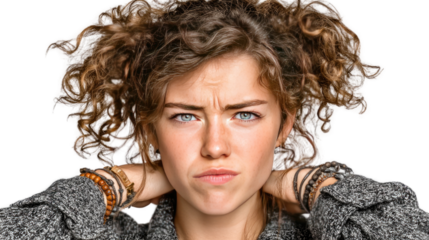 Uncertain Expression:  A young woman with curly hair and bright blue eyes gazes directly at the camera, her furrowed brow and pursed lips conveying a mix of uncertainty and doubt. Her gaze is intense.