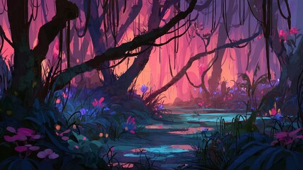 Fototapeta premium Dreamy forest landscape with water pink sky and lush vegetation.