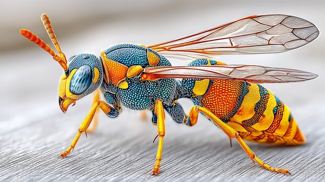 Vibrant Blue Orange and Yellow Wasp Close Up Detailed Insect Macro Photography