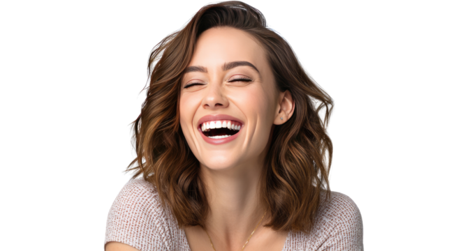 Pure Joy: A radiant woman expresses pure happiness through a genuine, heartfelt laugh, conveying a sense of unbridled delight and positive energy.