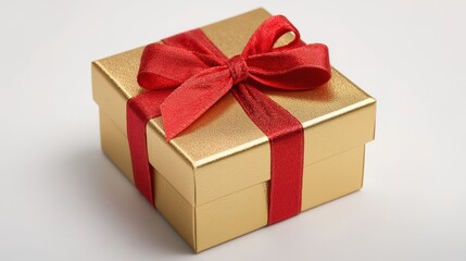 Golden gift box with red ribbon bow, symbolizing luxury and celebration