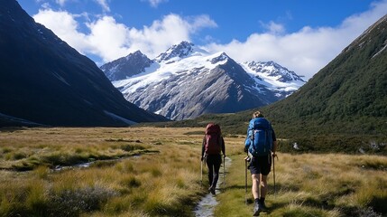 Fototapeta premium Two hikers with backpacks trek along a trail, traversing a grassy valley towards majestic snow-capped mountains under a vibrant blue sky. : Generative AI