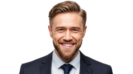 Smiling Businessman Portrait: A friendly and approachable businessman with a genuine smile, dressed in a sharp suit and tie, exudes confidence and professionalism.
