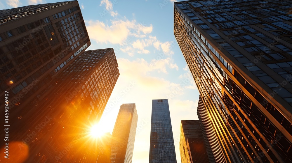 Poster golden hour sunlight illuminates skyscrapers, casting warm hues on modern architecture in a vibrant 