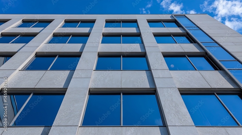Poster modern office building exterior with large windows reflecting blue sky, showcasing contemporary arch