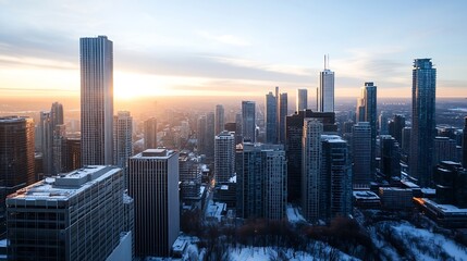 Fototapeta premium A breathtaking panoramic view of a modern city skyline at sunrise, showcasing numerous skyscrapers bathed in the warm golden light, with a blanket of snow covering the ground below. : Generative AI