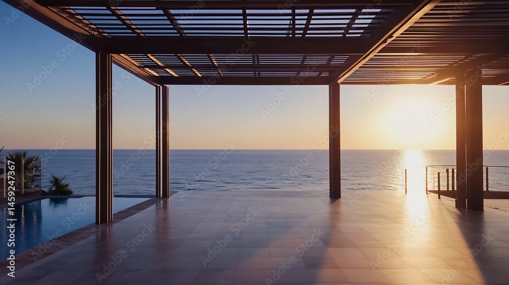 Fototapete sunset view from a modern patio with a pergola overlooking a tranquil ocean and infinity pool. : gen