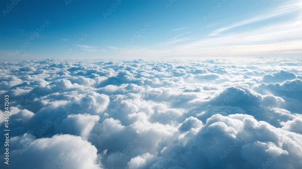 Poster wide perspective showcases thick white clouds beneath a vibrant cyan sky, offering an airy atmospher