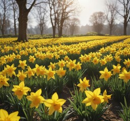 Obraz premium Sunlit field of vibrant yellow daffodils blooming , beautiful, outdoor