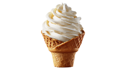 Vanilla Ice Cream Cone: A delicious, photorealistic ice cream cone, its swirling soft-serve ice cream a testament to sweet, summery indulgence, inviting feelings of nostalgia and pure, simple joy.